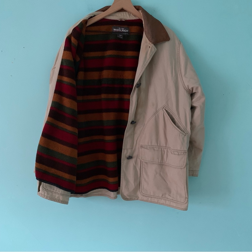 Woolrich Blanket Lined Chore Leather Collar Canvas Work Jacket XL Farm Thermal